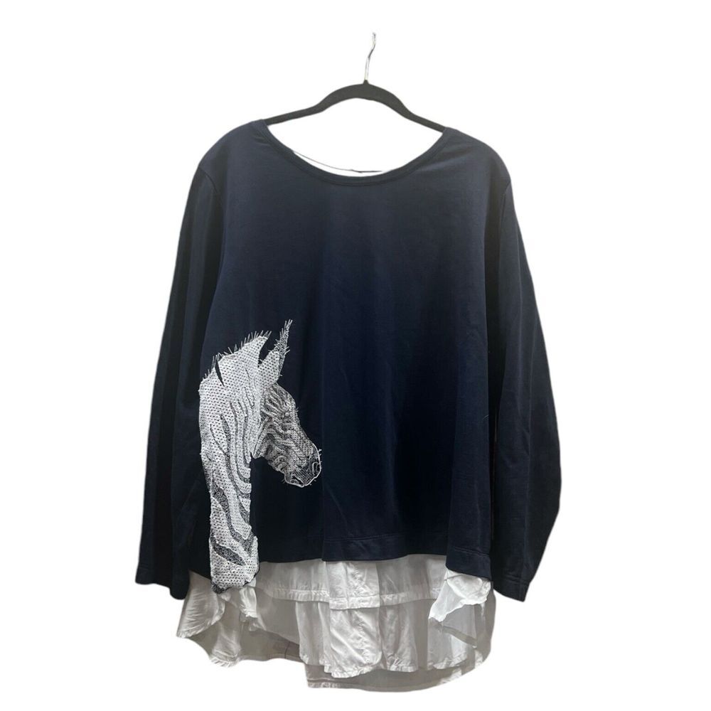 Crown & Ivy Layered Shirt Embroidered Zebra Head Navy Whimsical Women's Size 3X